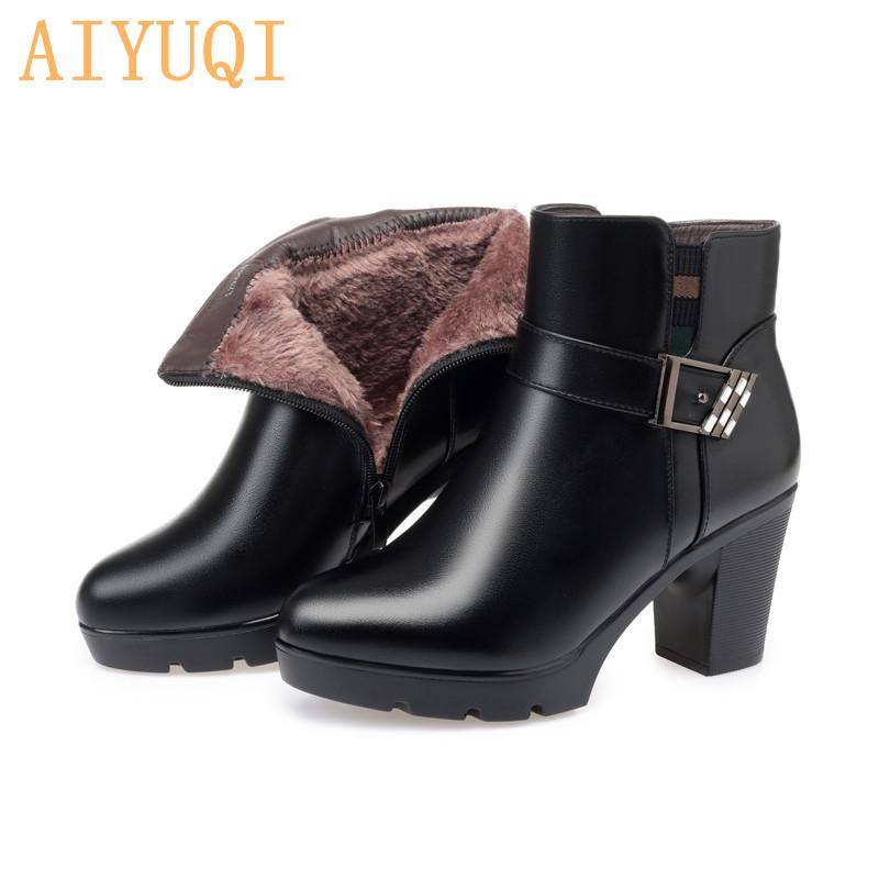 Stiefeletten aus echtem Leder, Damen-Schuhe mit hohen Absätzen, Stiefel, Schuhe, Damen, Wolle, warm, Trend, Schneestiefel 39 von Joom DACH