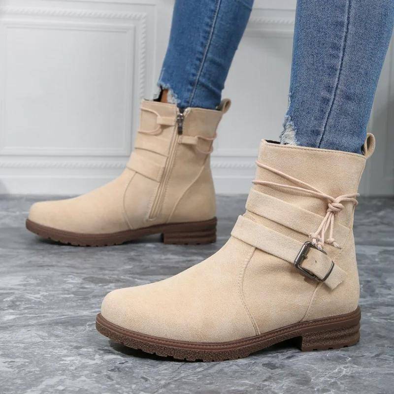 Stiefeletten für Damen, neue Herbst-/Winterstiefel für Damen, bequem, niedriger Absatz, seitlicher Reißverschluss, lässige kurze Stiefel, Botas de Mujer 37 beige von Joom DACH