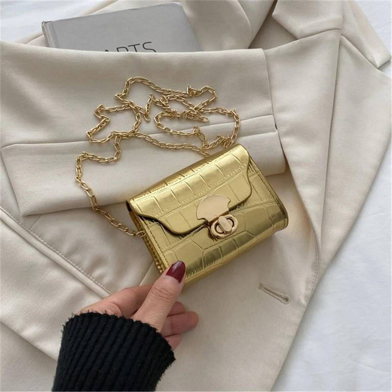 Stil Leder Schulter Tasche Kette Mini Umhängetasche Mode Schnalle Mädchen Kleine Geldbörse Lippenstift Tasche gold von Joom DACH