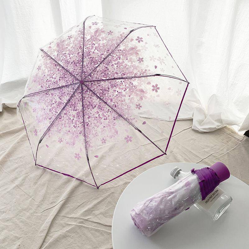 Stil Regenschirm Falten Niedlich Niedlich Göttin Klein Frisch Einfach Wald Stil Dreifach Gefaltet Kirschblüte Transparent violett von Joom DACH