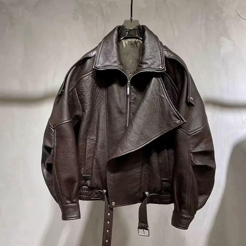 Stilvolle Damen-Motorradjacke mit verdicktem Lamm-Kunstleder M kaffeebraun von Joom DACH