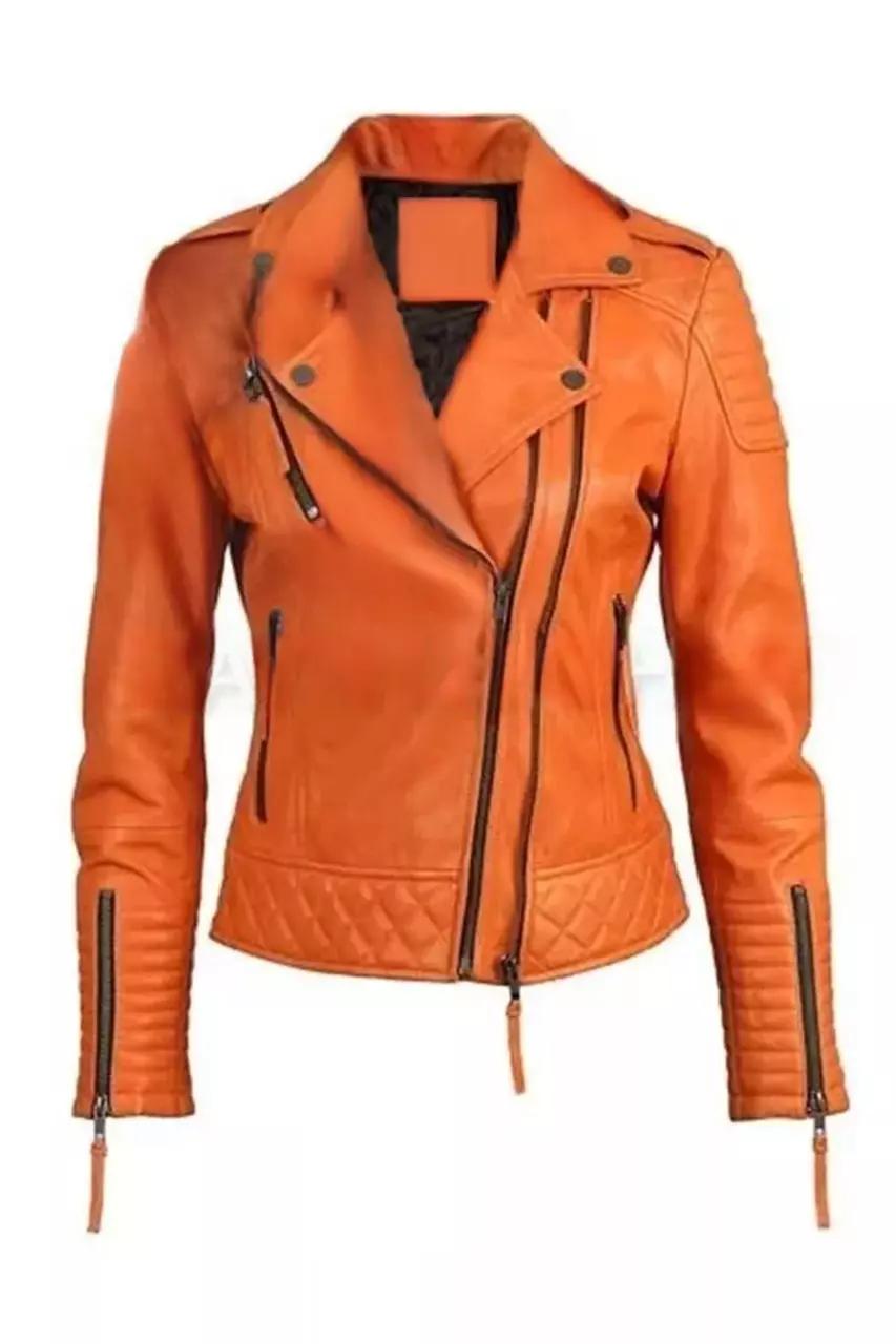 Stilvolle echte Lammfell Damen Orange Lederjacke handgefertigt Biker Designer L orange von Joom DACH