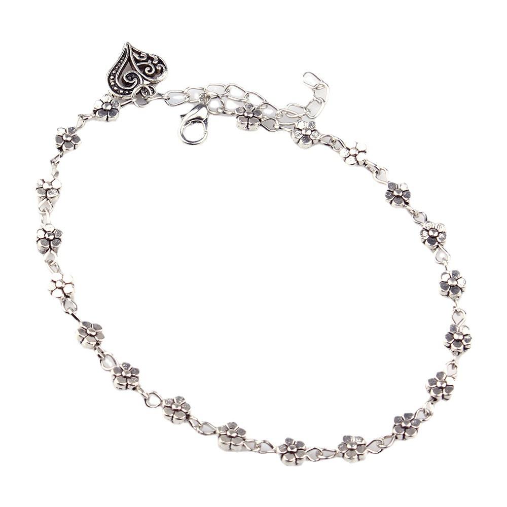 Stilvolles, ausgehöhltes, fünfblättriges Pflaumenblüten-Fußkettchen im Retro-Stil aus Silber und Pfirsichherz von Joom DACH