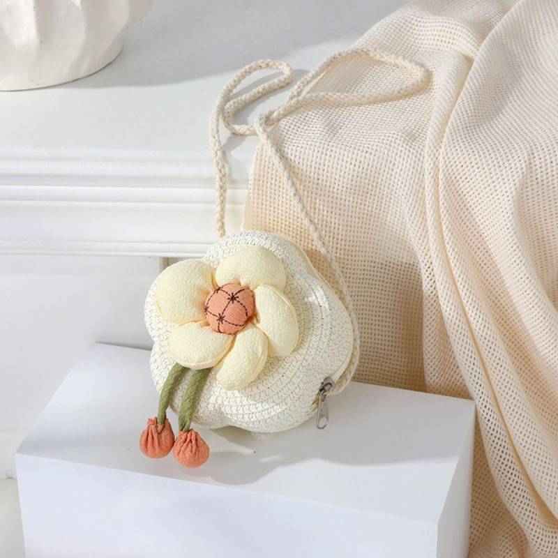 Strapazierfähige Stroh Umhängetasche Blume Gewebte Geldbörse Handtasche Mädchen Kinder Schulter Messenger Tasche Sommer Niedlich Prinzessin Mini Handtasche weiß von Joom DACH