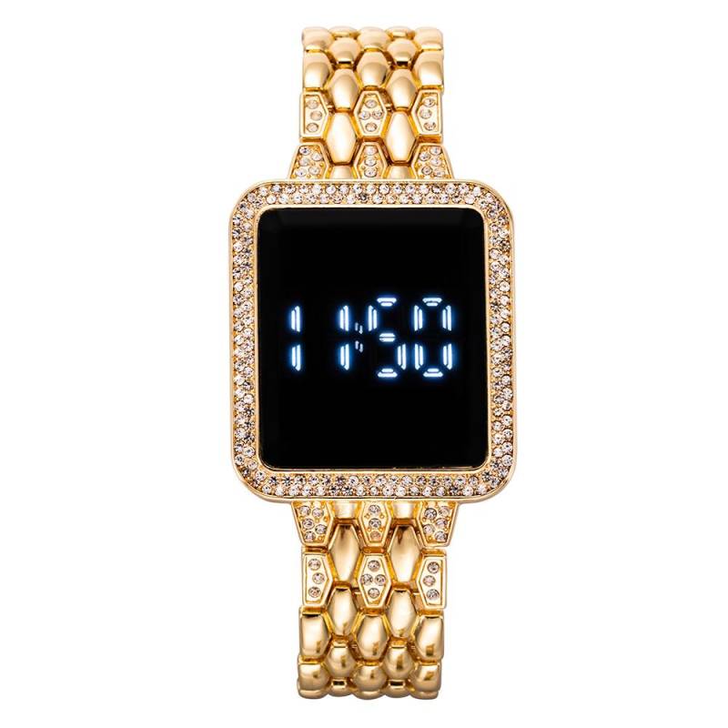 Strass Digitaluhr für Frauen Einfache Touchscreen LED Damen Armbanduhr gold von Joom DACH