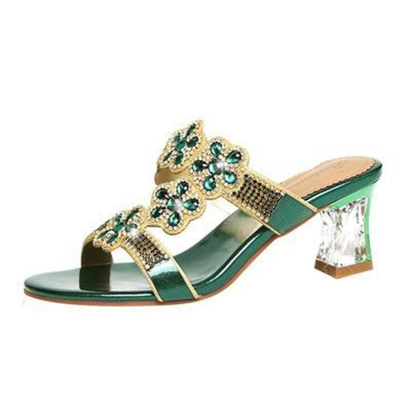 Strass High Heel Komfort Weiche Leder Sandalen Damen Open Toe Sommer Mode Elegant All-Match Römische Strandschuhe 35 von Joom DACH
