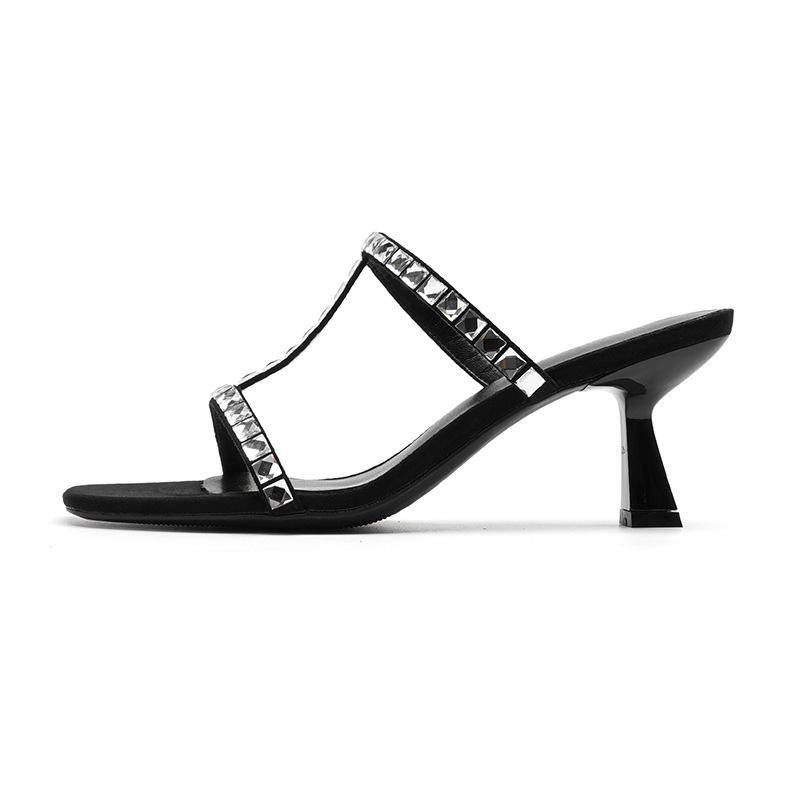 Strass Wort mit hochhackigen Sandalen Frühjahr Neue Quadratischen Kopf frauen Sandalen Einfache Stiletto hochhackigen Schuhe 39 schwarz von Joom DACH