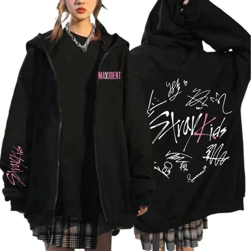 Stray Kids Kpop Maxident Print Zip-up Hoodie Koreanischer Stil Y2 S schwarz von Joom DACH