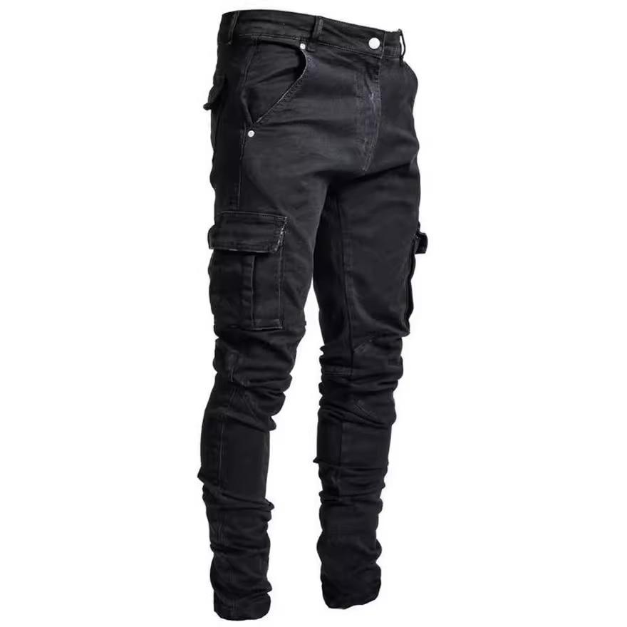 Street Elastische Jeans Herren Denim Cargohose Waschung Einfarbig Mehrere Taschen Lässig Mittlere Bundhöhe Slim Fit Alltagskleidung Jogger L schwarz von Joom DACH