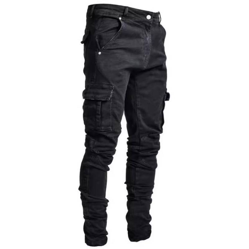 Street Elastische Jeans Herren Denim Cargohose Waschung Einfarbig Mehrere Taschen Lässig Mittlere Bundhöhe Slim Fit Alltagskleidung Jogger L schwarz von Joom DACH