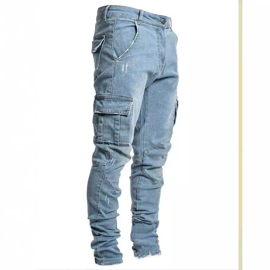 Street Elastische Jeans Herren Denim Cargohose Waschung Einfarbig Mehrere Taschen Lässig Mittlere Bundhöhe Slim Fit Alltagskleidung Jogger L blau von Joom DACH
