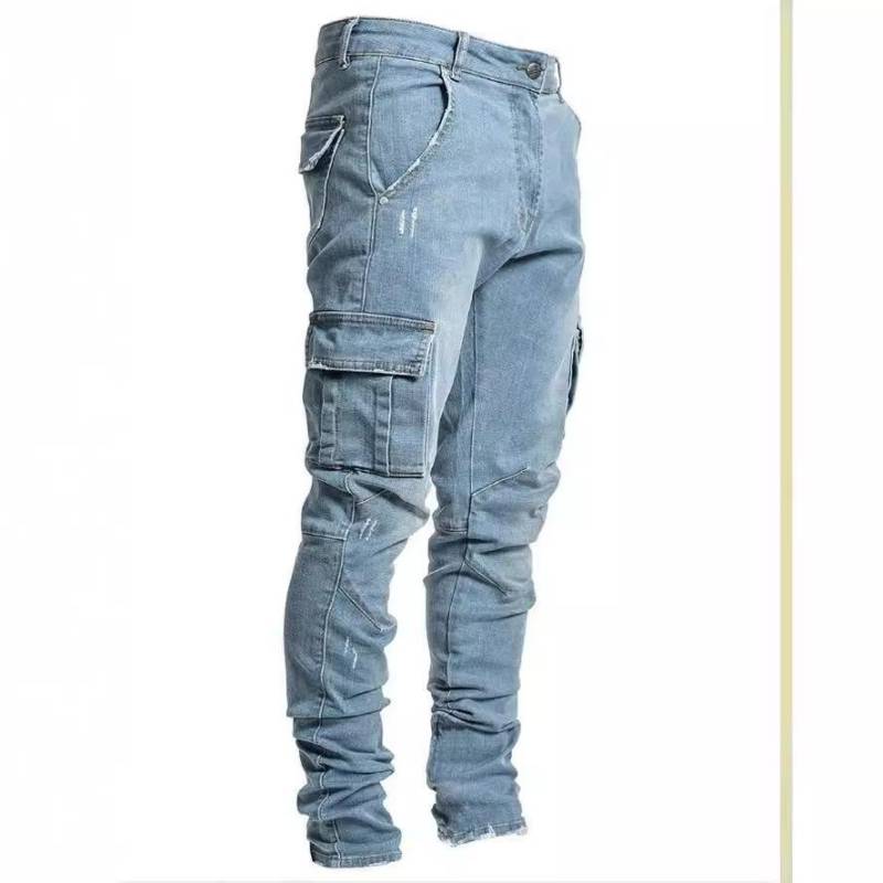 Street Elastische Jeans Herren Denim Cargohose Waschung Einfarbig Mehrere Taschen Lässig Mittlere Bundhöhe Slim Fit Alltagskleidung Jogger L blau von Joom DACH