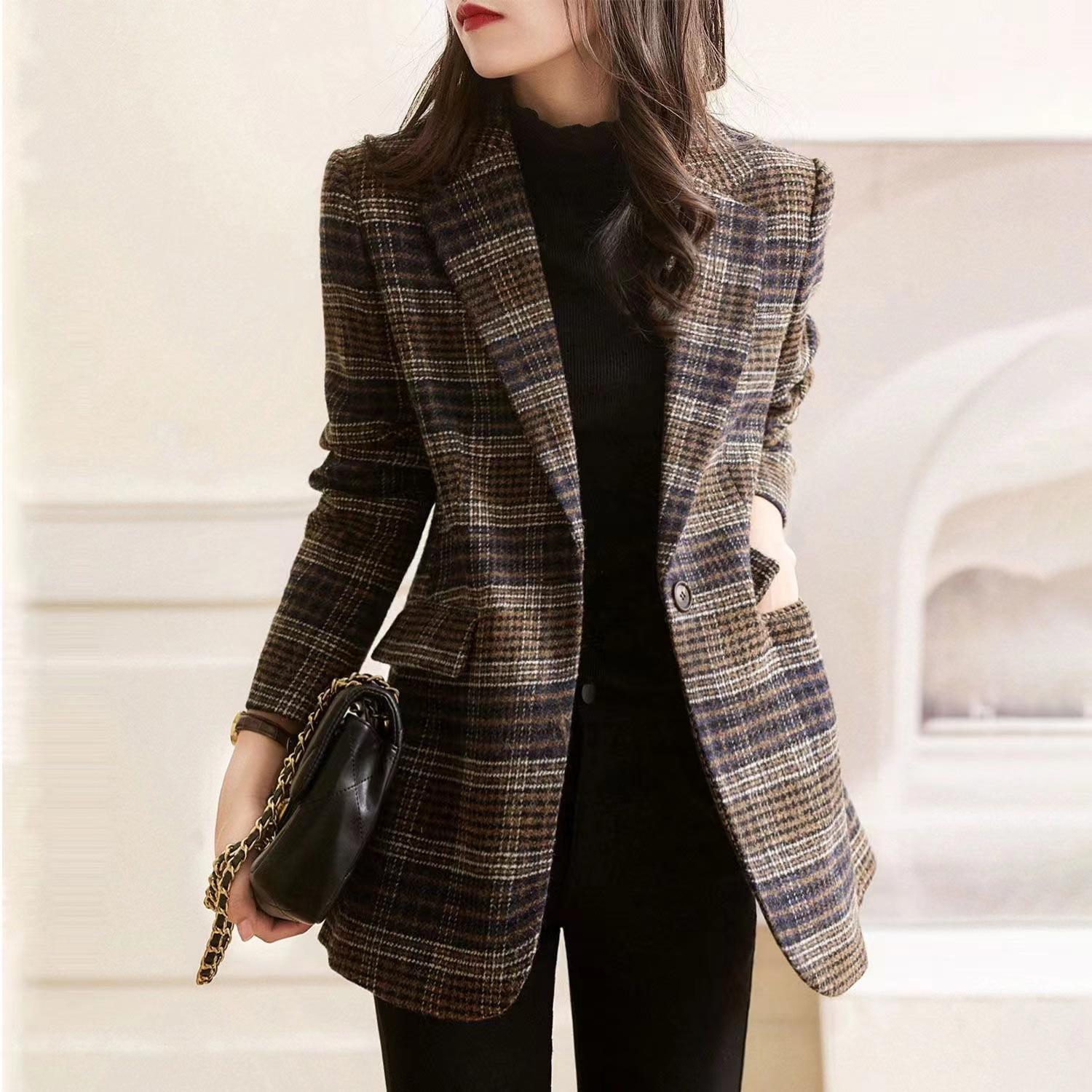 Street-Fried Plaid Suit Jacket für Damen im Frühling und Herbst, neues kleines Anzugoberteil im koreanischen Stil im britischen Stil 2XL braun von Joom DACH