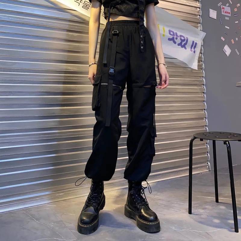 Streetwear Frühling Sommer Cargo Hosen Frauen Harajuku Schlank Punk Bänder Jogger Elastische Taille Knöchel-Länge Hosen für Mädchen L schwarz von Joom DACH