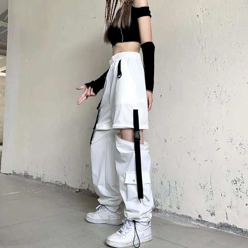 Streetwear Frühling Sommer Cargo Hosen Frauen Harajuku Schlank Punk Bänder Jogger Elastische Taille Knöchel-Länge Hosen für Mädchen XL weiß von Joom DACH