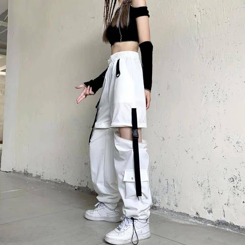 Streetwear Frühling Sommer Cargo Hosen Frauen Harajuku Schlank Punk Bänder Jogger Elastische Taille Knöchel-Länge Hosen für Mädchen XL weiß von Joom DACH