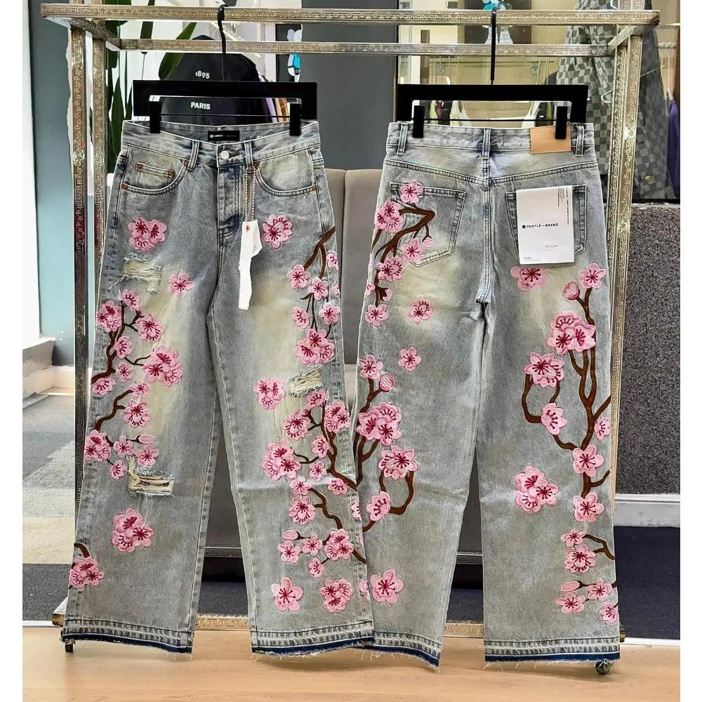 Streetwear Gothic Kirschblüten Bestickte Jeans Y2K Kleidung Herren Damen Hip Hop Vintage Baggy Jeans Low Rise Weitbeinige Hose S von Joom DACH