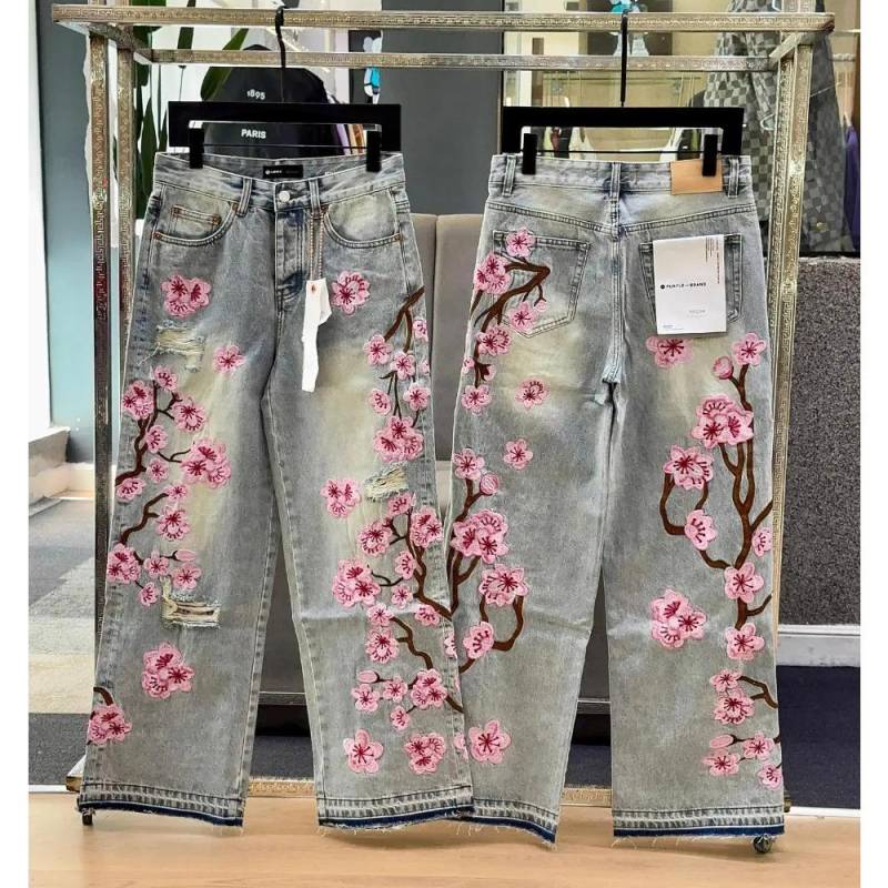 Streetwear Gothic Kirschblüten Bestickte Jeans Y2K Kleidung Herren Damen Hip Hop Vintage Baggy Jeans Low Rise Weitbeinige Hose S von Joom DACH