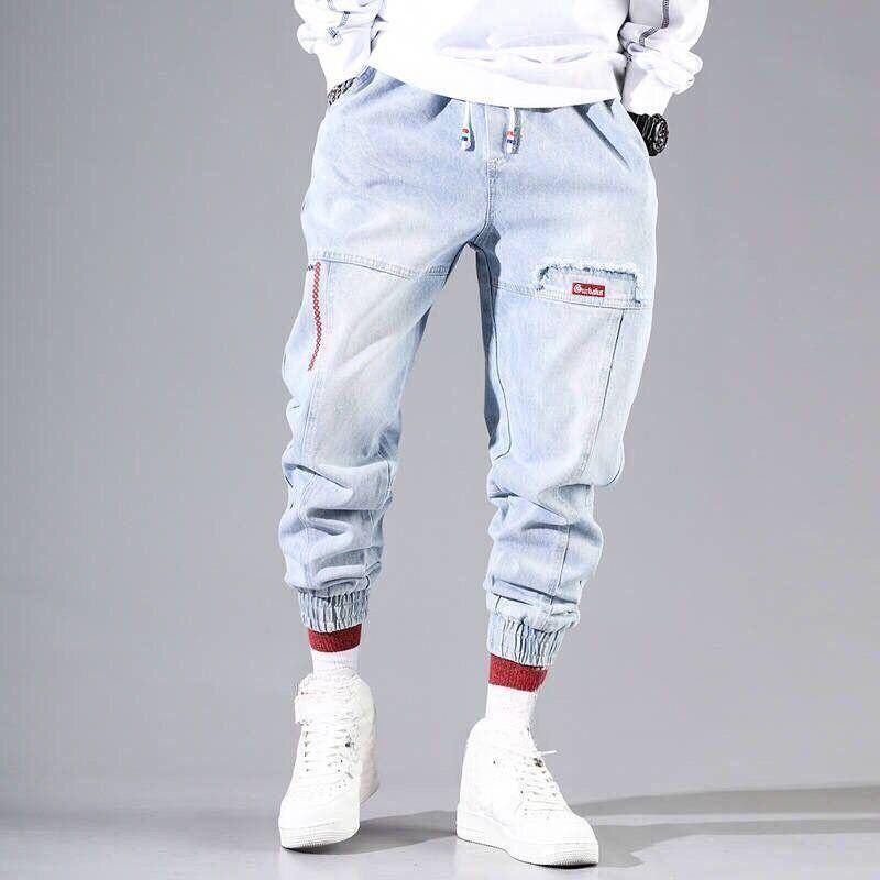 Streetwear Hip Hop Cargohose Herren Jeans Elastische Baggy Haremshose Männliche Sport Jogger Koreanische Mode Knöchel Banded Denim L hellblaue von Joom DACH
