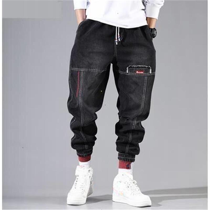 Streetwear Hip Hop Cargohose Herren Jeans Elastische Baggy Haremshose Männliche Sport Jogger Koreanische Mode Knöchel Banded Denim XXL schwarz von Joom DACH