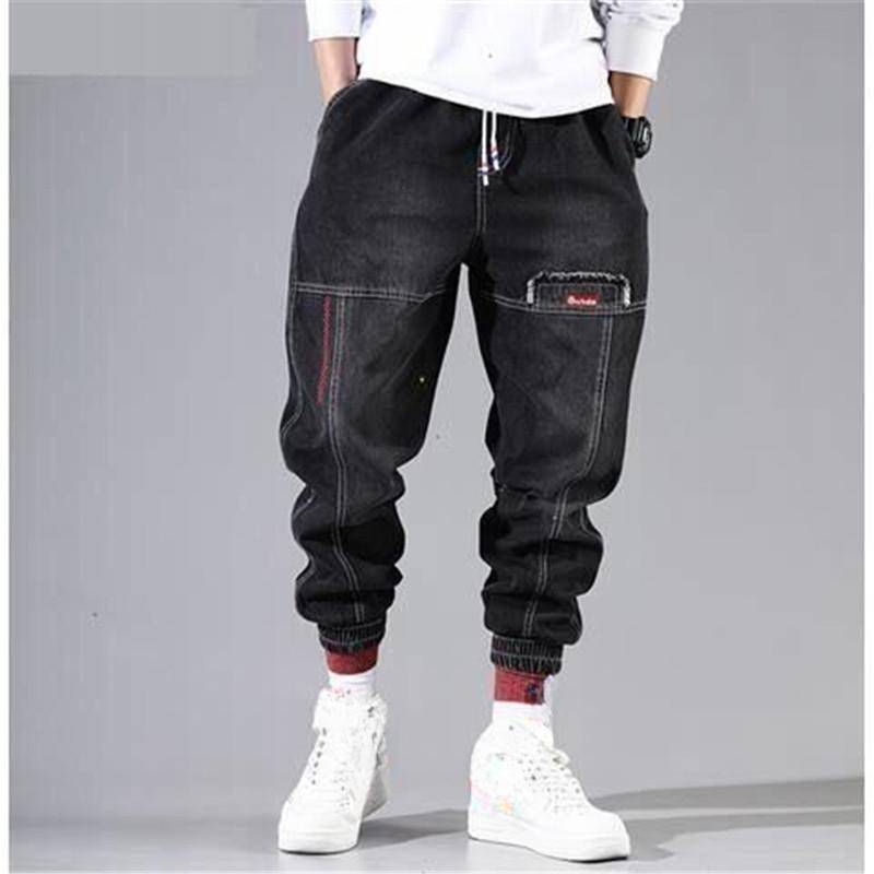Streetwear Hip Hop Cargohose Herren Jeans Elastische Baggy Haremshose Männliche Sport Jogger Koreanische Mode Knöchel Banded Denim XXL schwarz von Joom DACH