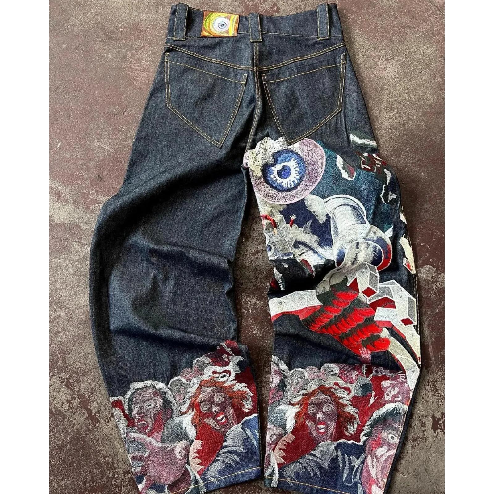 Streetwear Jeans Y2K Harajuku Gothic Retro Hip Hop Bestickte Baggy Jeans Herren Damen Neue Hose mit hoher Taille und weitem Bein L von Joom DACH