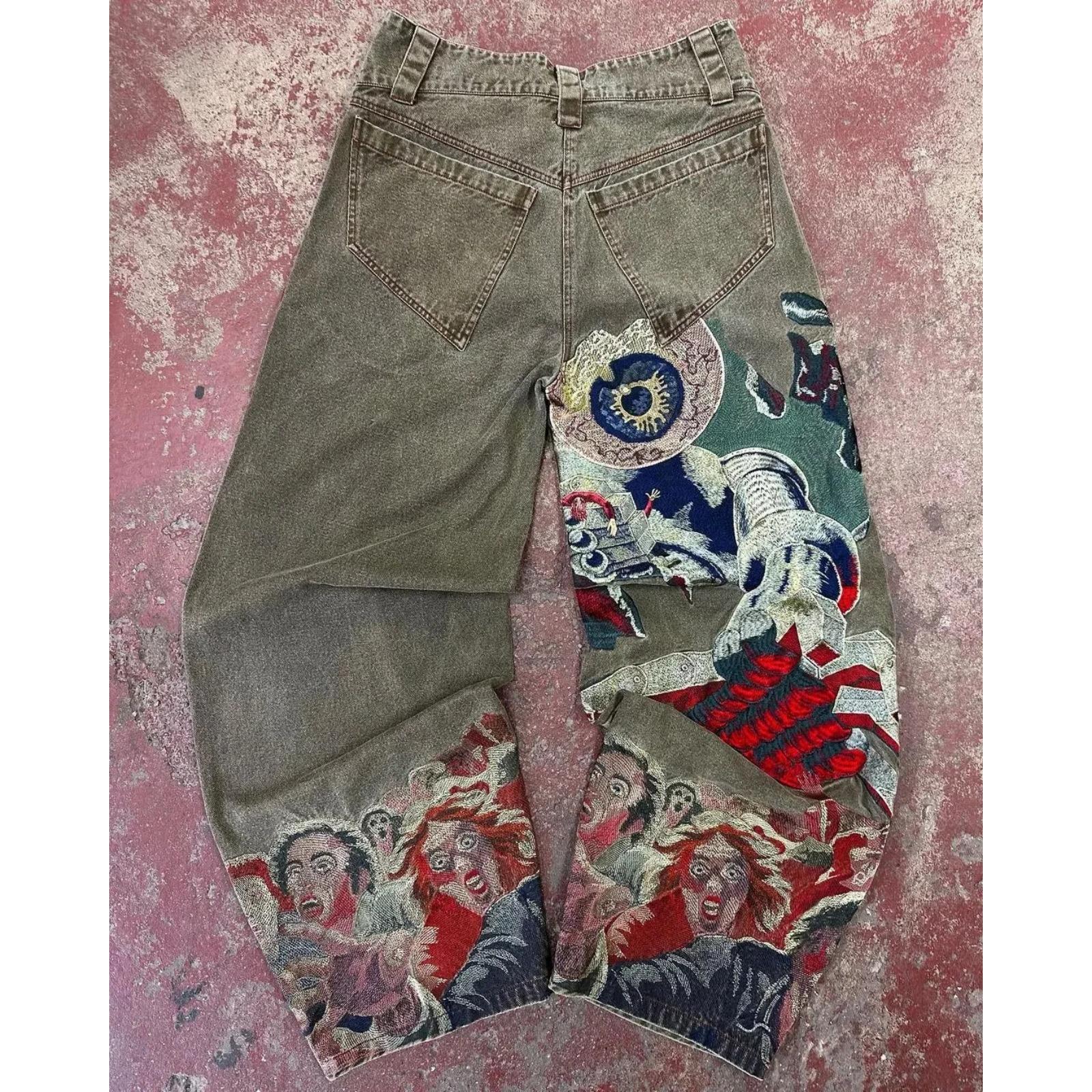 Streetwear Jeans Y2K Harajuku Gothic Retro Hip Hop Bestickte Baggy Jeans Herren Damen Neue Hose mit hoher Taille und weitem Bein M von Joom DACH