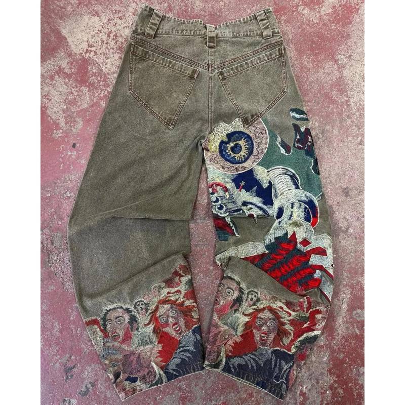 Streetwear Jeans Y2K Harajuku Gothic Retro Hip Hop Bestickte Baggy Jeans Herren Damen Neue Hose mit hoher Taille und weitem Bein M von Joom DACH