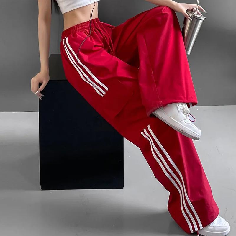 Streifen Patchwork Frauen Cargo Hosen Amerikanischen Stil Streetwear Lose Breite Bein Hosen Y2K Weibliche Hip Hop Jogginghose L rot von Joom DACH