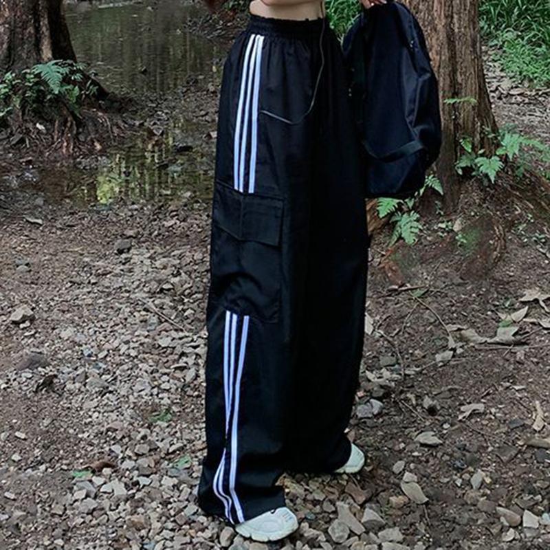 Streifen Patchwork Frauen Cargo Hosen Amerikanischen Stil Streetwear Lose Breite Bein Hosen Y2K Weibliche Hip Hop Jogginghose S von Joom DACH