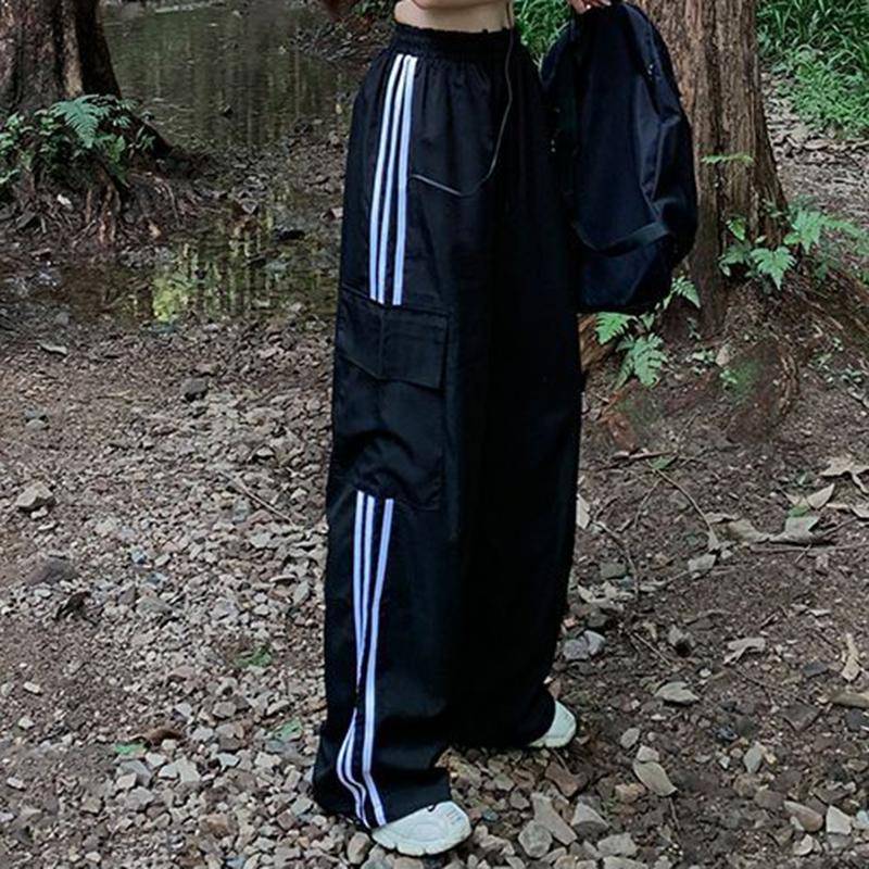 Streifen Patchwork Frauen Cargo Hosen Amerikanischen Stil Streetwear Lose Breite Bein Hosen Y2K Weibliche Hip Hop Jogginghose S schwarz von Joom DACH