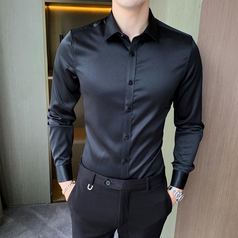 Stretch Herrenhemd Modetrend Revershemd Männer Langarm SlimFit Casual Business Hemden Einfarbig Weißes Hemd XXXL schwarz von Joom DACH