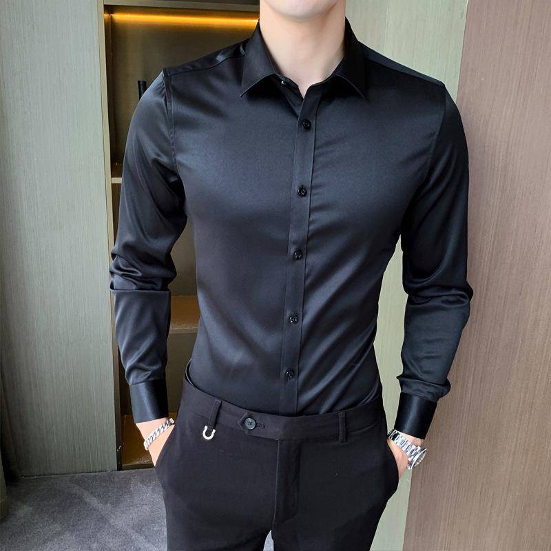 Stretch Herrenhemd Modetrend Revershemd Männer Langarm SlimFit Casual Business Hemden Einfarbig Weißes Hemd XXXL schwarz von Joom DACH
