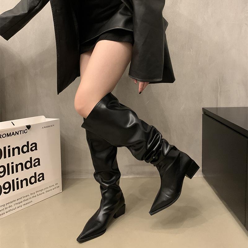 Stretch-Weichleder-Overknee-Stiefel für Damen, modische spitze Zehenschuhe, Herbst-Winter, dicker Absatz, lange Damenstiefeletten 37 schwarz von Joom DACH