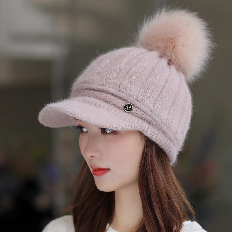 Strick-Baseballkappe aus Kaninchenfell im koreanischen Stil für Damen - Einfarbige Woll-Wintermütze mit Ohrenschutz und Samtfutter. M (56-58cm) rosa von Joom DACH
