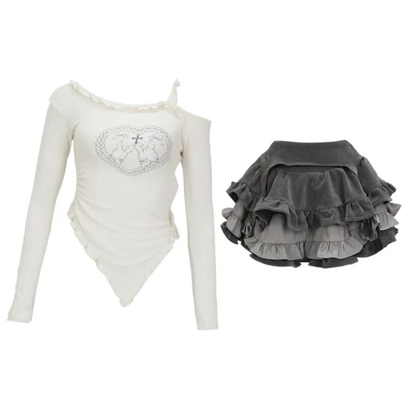 Strickanzüge im japanischen Stil, Kawaii-Kleidung, 2-teiliges Röcke-Set für Damen, Vintage-Druck, Y2k-Crop-Tops, Bluse + Miniröcke, koreanischer Chic XS grau von Joom DACH
