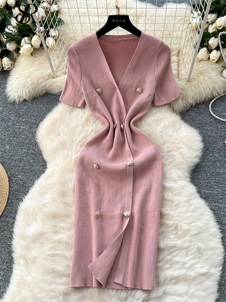 Stricken, figurbetontes OL-Kleid für Damen, V-Ausschnitt, Knöpfe, kurze Ärmel, schickes Kleid, französische elegante Mode, geteiltes Midi-Sommerkleid One Size rosa von Joom DACH