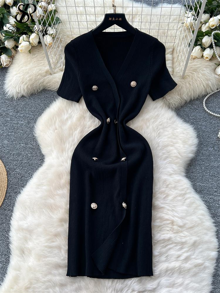 Stricken, figurbetontes OL-Kleid für Damen, V-Ausschnitt, Knöpfe, kurze Ärmel, schickes Kleid, französische elegante Mode, geteiltes Midi-Sommerkleid One Size schwarz von Joom DACH