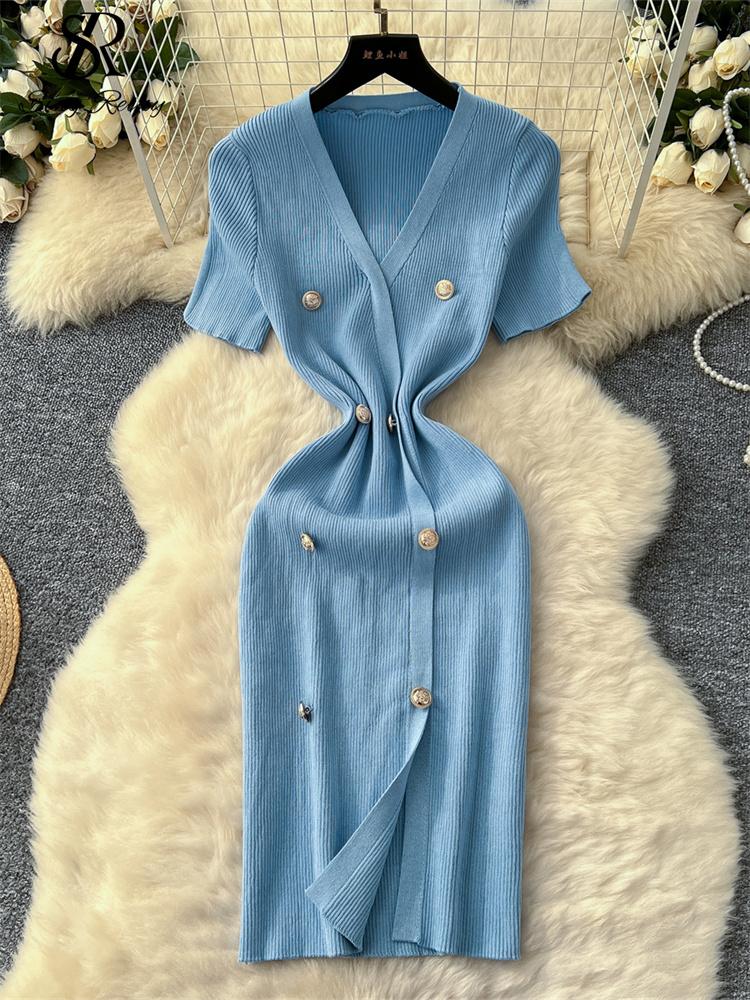 Stricken, figurbetontes OL-Kleid für Damen, V-Ausschnitt, Knöpfe, kurze Ärmel, schickes Kleid, französische elegante Mode, geteiltes Midi-Sommerkleid One Size blau von Joom DACH