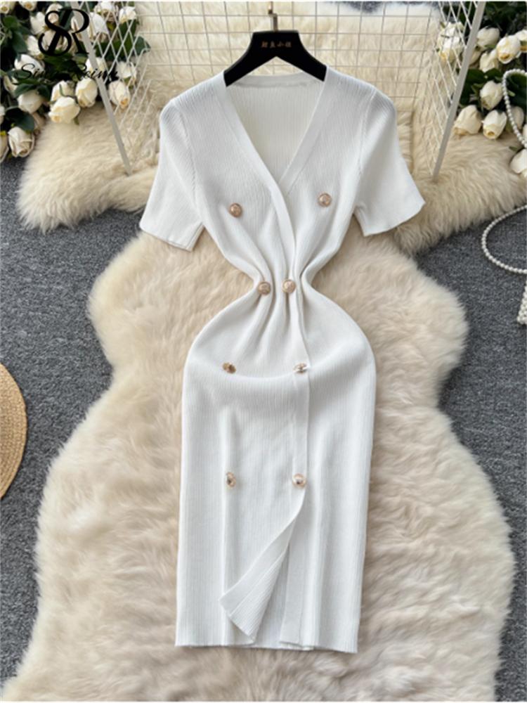 Stricken, figurbetontes OL-Kleid für Damen, V-Ausschnitt, Knöpfe, kurze Ärmel, schickes Kleid, französische elegante Mode, geteiltes Midi-Sommerkleid One Size weiß von Joom DACH