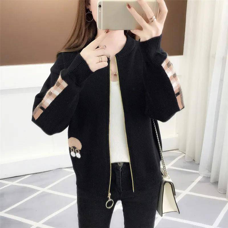 Strickjacke Mantel Damen Strickoberteil Niedliche Cartoon Bestickte Karoärmel Frühling Herbst Kurzmantel Locker All-Match Langarm Oberbekleidung M von Joom DACH