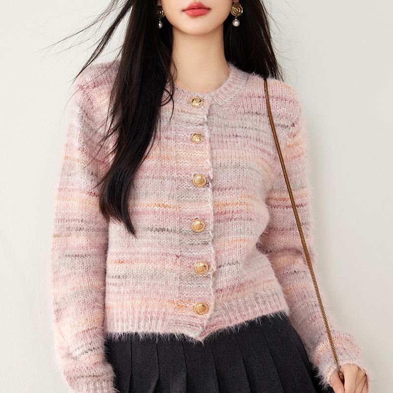 Strickjacke mit Rundhalsausschnitt für Damen im Herbst und Winter, Pulloverjacke im Lazy-Stil, kleines kurzes Oberteil, neuer Stil XL rosa von Joom DACH