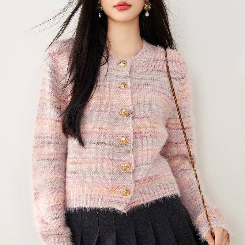 Strickjacke mit Rundhalsausschnitt für Damen im Herbst und Winter, Pulloverjacke im Lazy-Stil, kleines kurzes Oberteil, neuer Stil XL rosa von Joom DACH