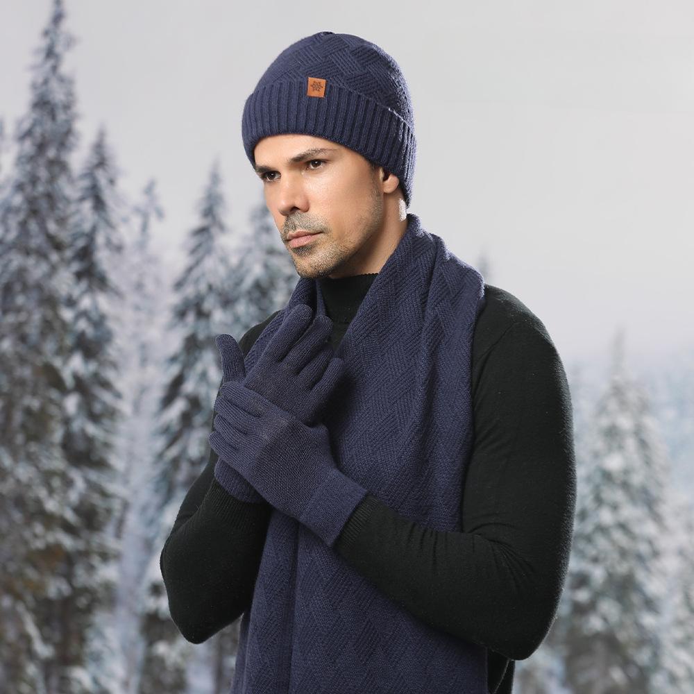 Strickmütze Winter Herren Doppellagige Strickmütze aus Wolle Gestrickte Kälteschutzmütze für den Außenbereich Schal Handschuh 3-teiliges Set navy blau von Joom DACH