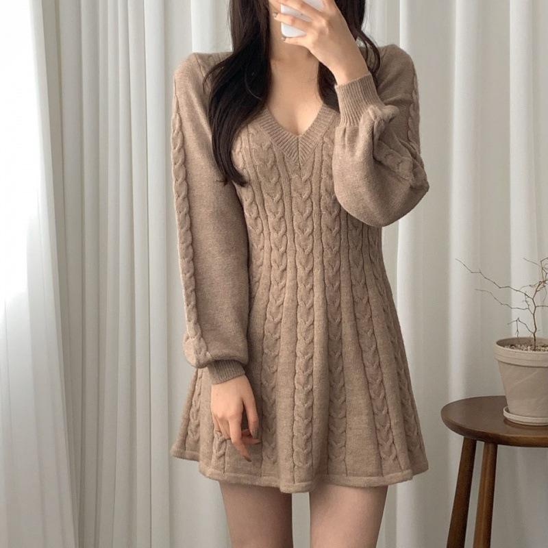 Strickpullover Minikleid Damen Casual Laternenärmel Kurze Kleider Herbst Winter V-Ausschnitt Outfits Weiblich M khaki von Joom DACH