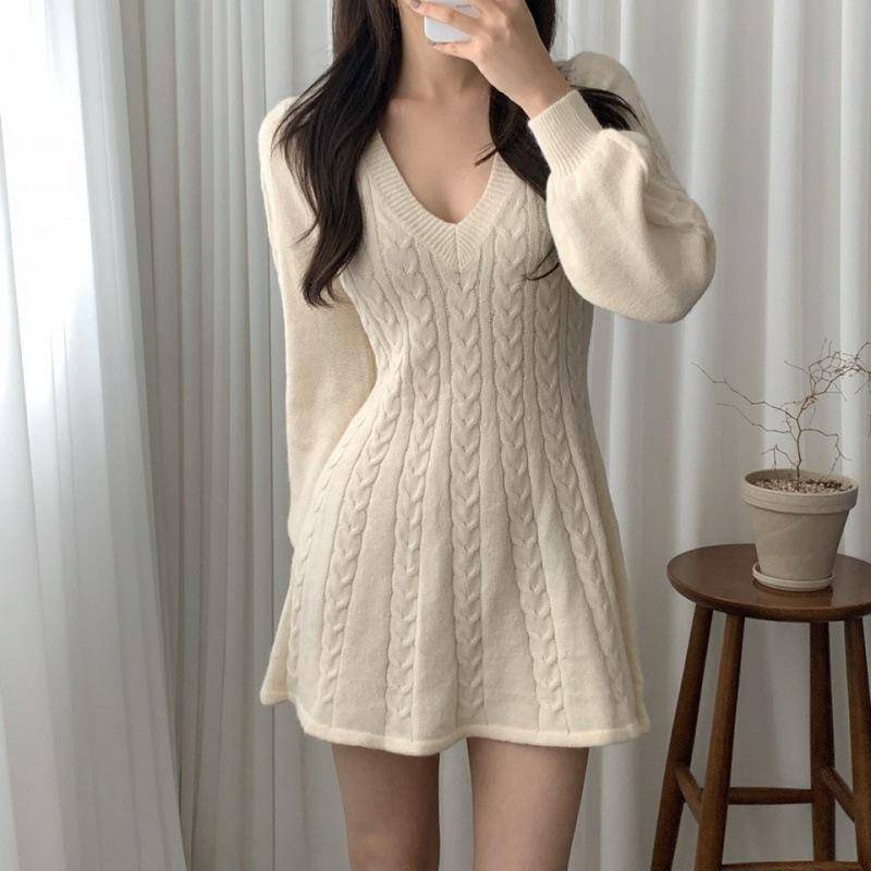 Strickpullover Minikleid Damen Casual Laternenärmel Kurze Kleider Herbst Winter V-Ausschnitt Outfits Weiblich S weiß von Joom DACH