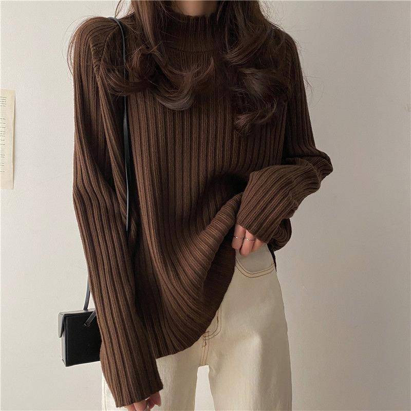 Strickpullover Oberteile Damen Herbst und Winter Lockerer Halbhochhalspullover Einfaches Bequemes Pullover Top S braun von Joom DACH
