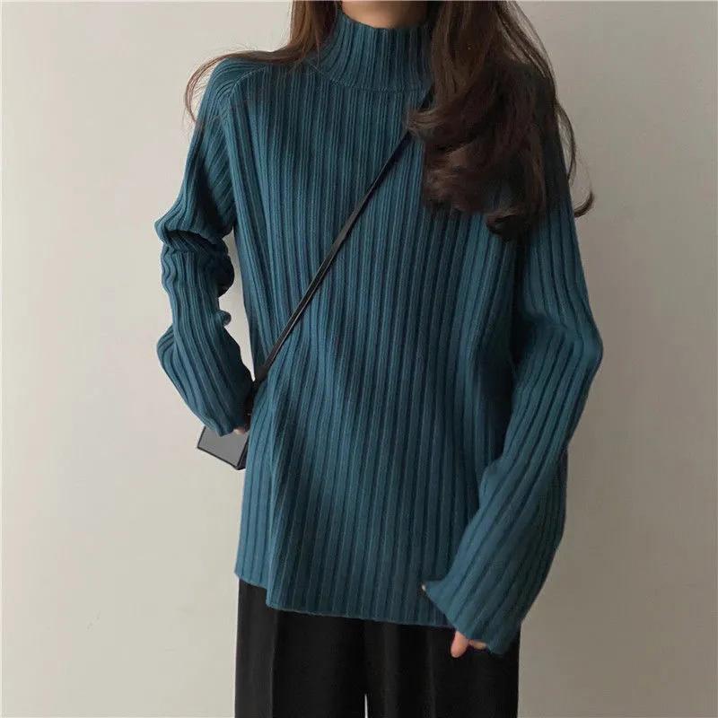 Strickpullover Oberteile Damen Herbst und Winter Lockerer Halbhochhalspullover Einfaches Bequemes Pullover Top XL blau von Joom DACH