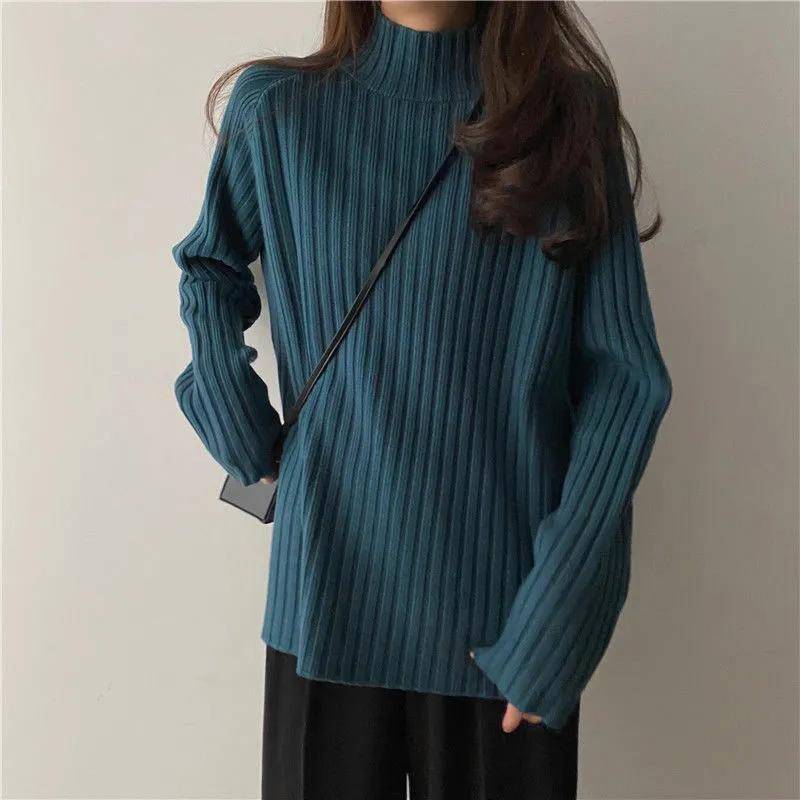 Strickpullover Oberteile Damen Herbst und Winter Lockerer Halbhochhalspullover Einfaches Bequemes Pullover Top XL blau von Joom DACH