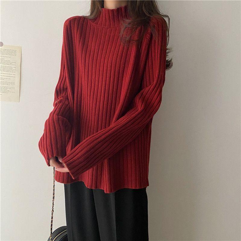 Strickpullover Oberteile Damen Herbst und Winter Lockerer Halbhochhalspullover Einfaches Bequemes Pullover Top XXL rot von Joom DACH